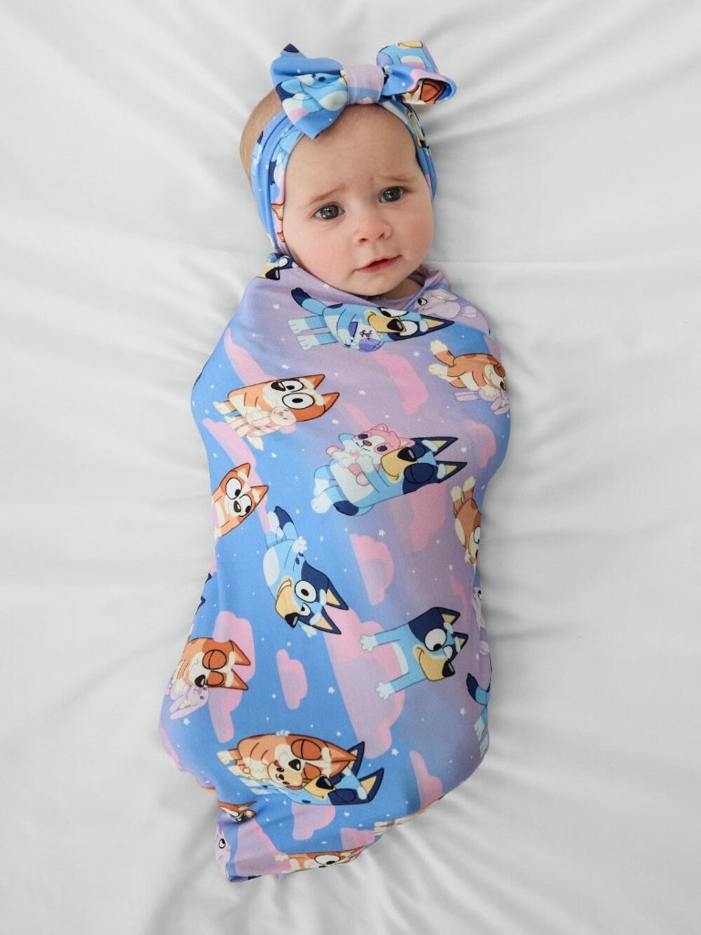NWT Little Sleepies Bluey Purple Sleepytime Swaddle & Luxe Bow Headband Set